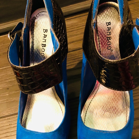 BAMBOO Blue Fx Suede & Black Patent Whimsy Goth Buckle Mary Jane High Heels~7 - Picture 9 of 14